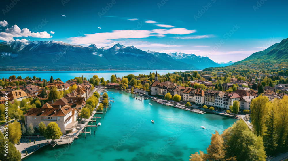 Aerial Panorama of Annecy: Old Town and Lake Cityscape, France