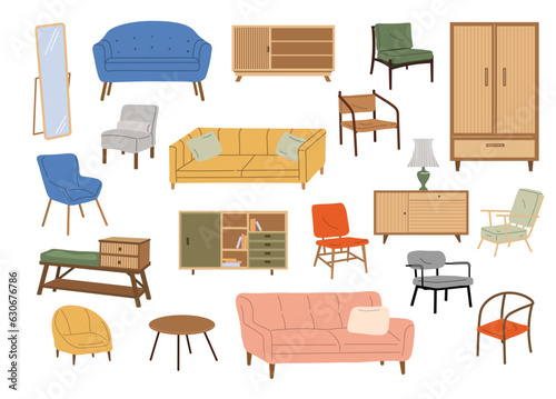 Comfortable modern furniture for living room and house. Furnituring home interior. Sofa and chairs collection