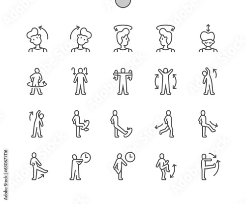 Warmup and stretching exercise. Torso rotations. Leg stretch. High knees. Jumping jacks. Pixel Perfect Vector Thin Line Icons. Simple Minimal Pictogram