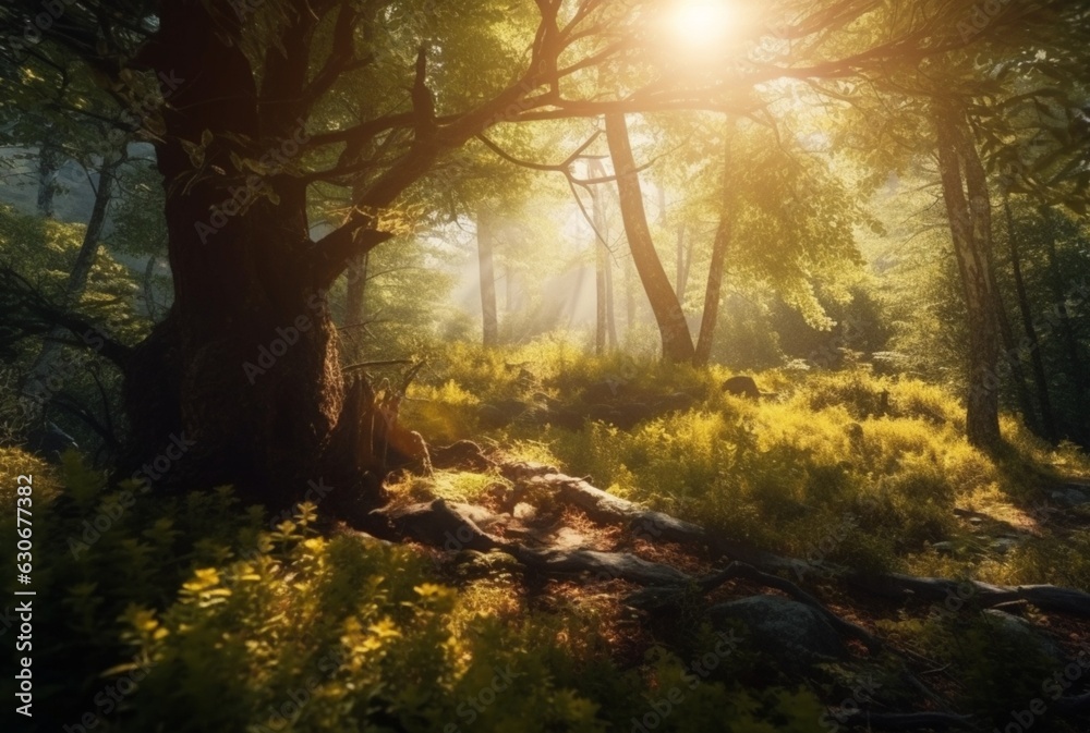 the beauty of the morning sun between the big trees in the middle of the forest. generative ai