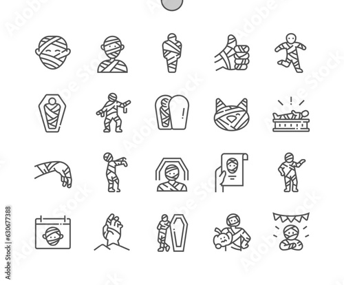 Mummy. Egypt culture. Horror costume made of bandage. Halloween. Pixel Perfect Vector Thin Line Icons. Simple Minimal Pictogram