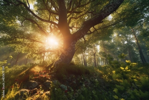 the beauty of the morning sun between the big trees in the middle of the forest. generative ai © LivroomStudio