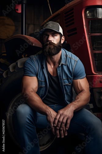 farmer at farm tractor in beard