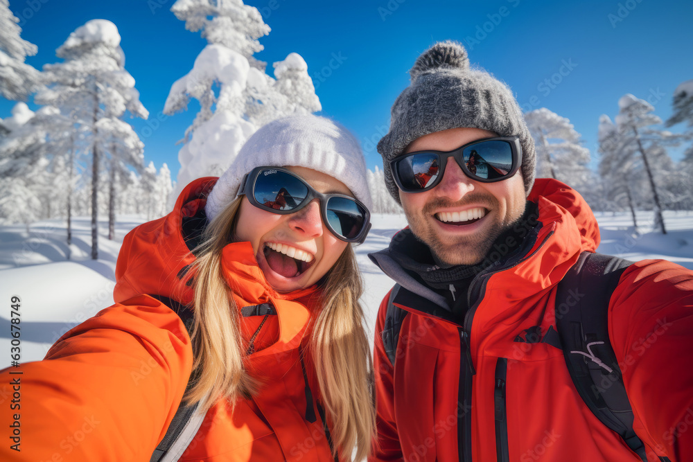 Happy couple take a selfie in a snowy forest in Lapland Happy couple take a selfie in a snowy forest in Lapland