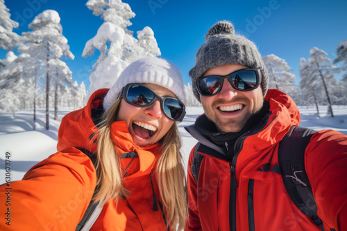 Happy couple take a selfie in a snowy forest in Lapland