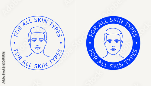 For all skin types label, beauty logo, tag, stamp for men's skincare packaging. Icon for cream, toner, moisturizer, facial mask, lotion