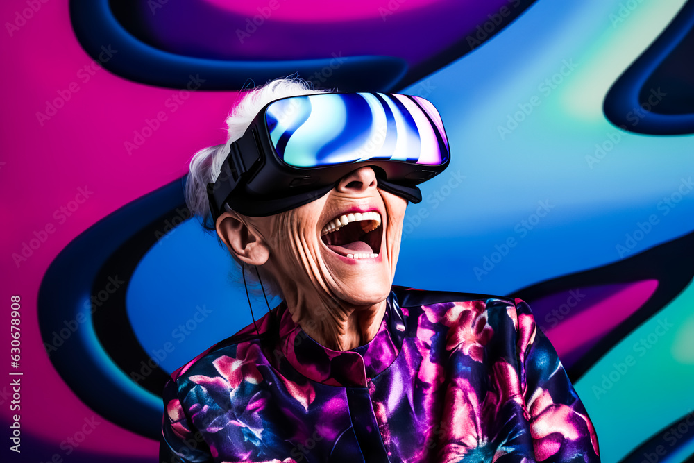senior older woman so happy with wearing virtual reality VR headset for enjoy entertainment activity.mindset with lifestyle.generative ai technology senior older woman so happy with wearing virtual reality VR headset for enjoy entertainment activity.mindset with lifestyle.generative ai technology