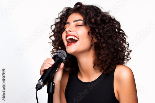 Beautiful stylish woman singing karaoke isolated over white background