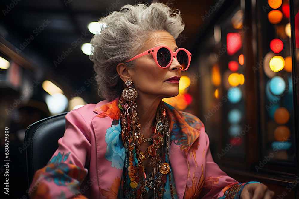 Elderly woman with modern clothing and pink sunglasses inside a restaurant.