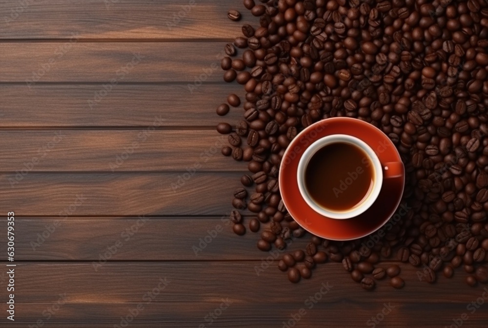 Top view of cup of coffee with coffee beans on wooden table with copy space. generative ai Top view of cup of coffee with coffee beans on wooden table with copy space. generative ai