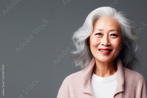 East Asian woman in 70s, white hair, grey background
