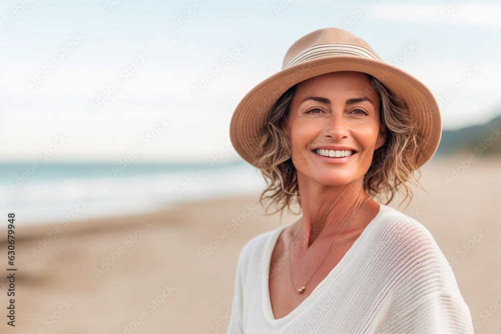 55 year old woman in a hat smiles serenely on a beach
