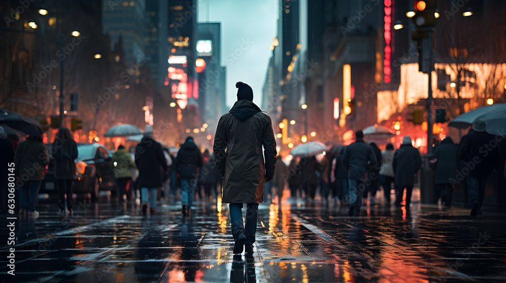 Cinematic Photograph of Bustling New York City Street at Twilight: Reflecting City Lights in Wet Pavement After Rain. Generative Ai. 