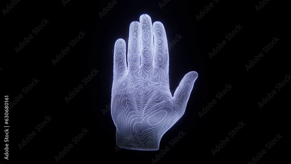Hologram hands of lines and points. Scanning fingers hand. Personal identification. Future technology, security and identification concept - hand using interactive panel touch screen. 3d render Hologram hands of lines and points. Scanning fingers hand. Personal identification. Future technology, security and identification concept - hand using interactive panel touch screen. 3d render
