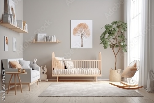 Modern baby room interior with stylish furniture and toys. generative ai photo