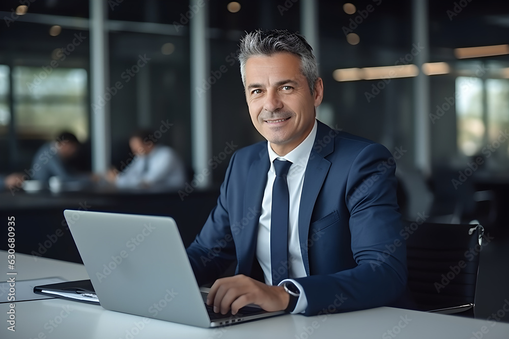 Smiling middle age businessman working laptop in modern office on colleagues background. Professional entrepreneur sitting in front of laptop, smiling at camera, copy space blur background.
