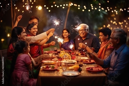 Indian Hindu family gathered together celebrating Diwali in their backyard garden photo