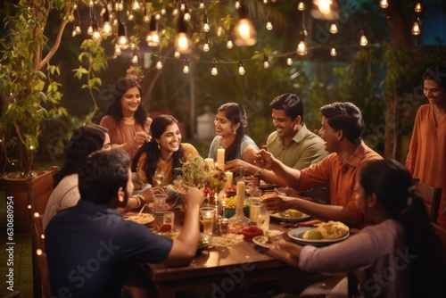 Indian Hindu family gathered together celebrating Diwali in their backyard garden