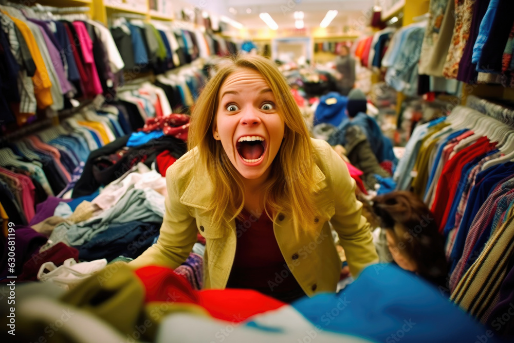 Young Woman Immersed in Black Friday Shopping