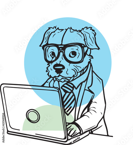 Cute Animal dog cat working on laptop line art vector illustration