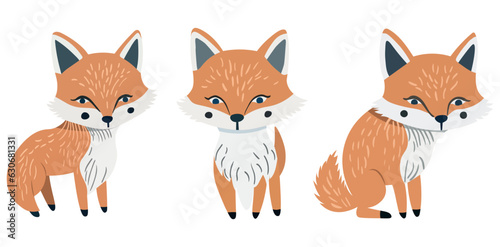 Hand drawn illustration of adorable fox cubs sitting side by side. Set of cute cartoon foxes. Ideal for decorating children's rooms, various printed and digital projects.