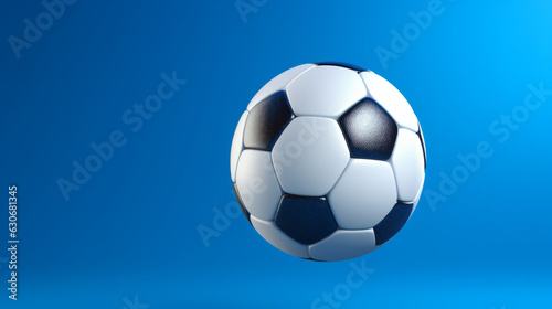 A soccer ball flying through the air on a blue background