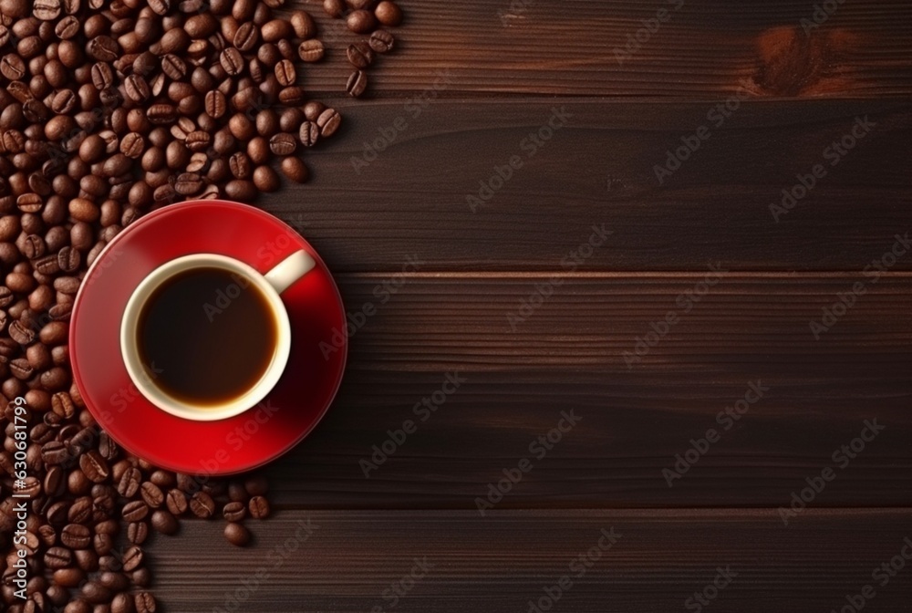 Top view of cup of coffee with coffee beans on wooden table with copy space. generative ai Top view of cup of coffee with coffee beans on wooden table with copy space. generative ai