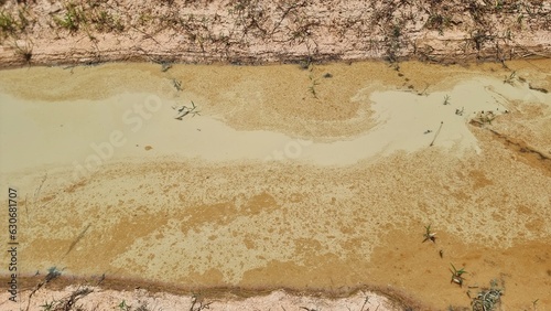 The texture of the mud or wet soil, brown background on water pond, arid.