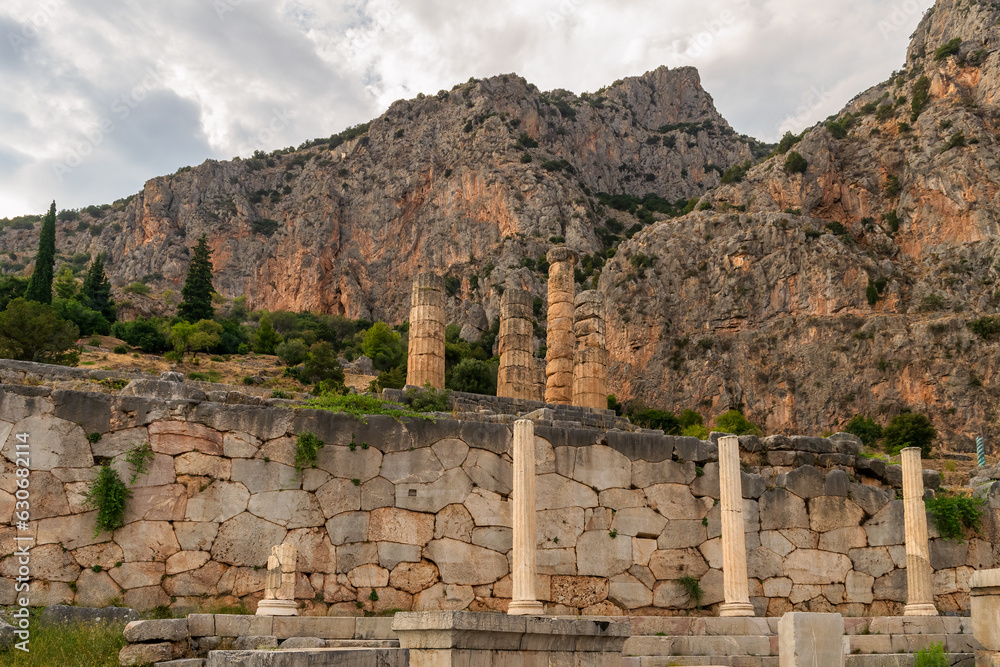 Delphi archaeological site in Greece with ancient ruins. Famous touristic destination.

