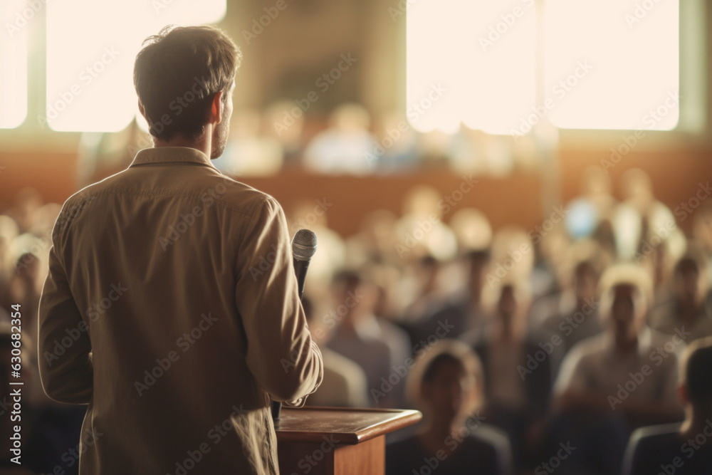 Public speaking. Man with a microphone in front of the auditorium. AI generated Public speaking. Man with a microphone in front of the auditorium. AI generated