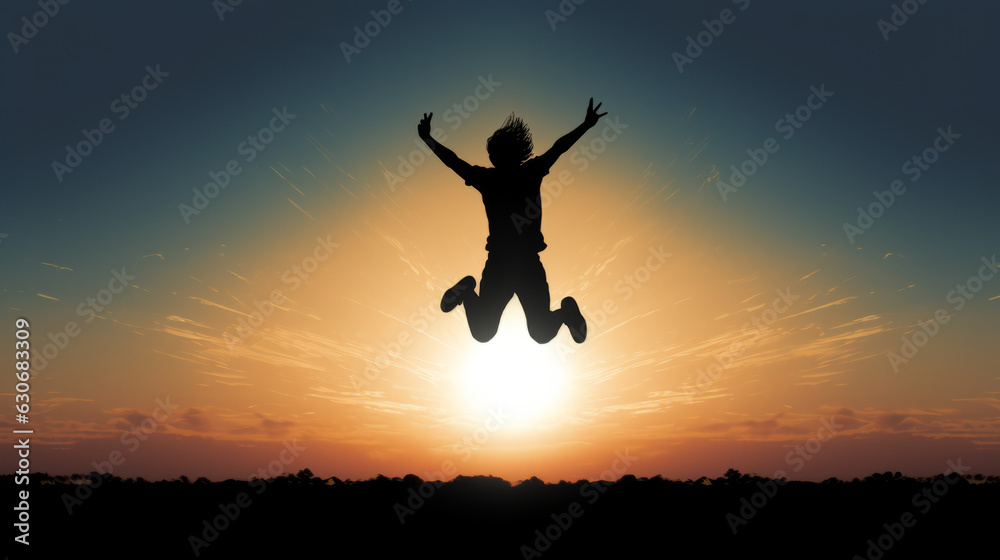 A person jumping in the air at sunset A person jumping in the air at sunset