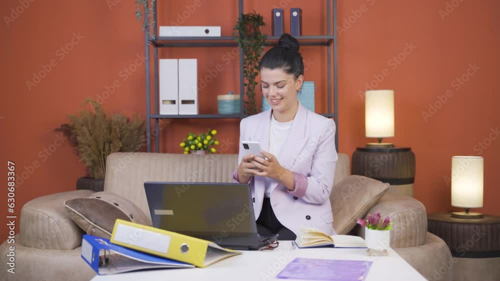 Home office worker young woman texting. Home office worker young woman texting.
