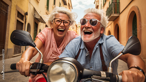 Happy Retired Couple on Scooter Vacation in Italy, European Holiday Joy