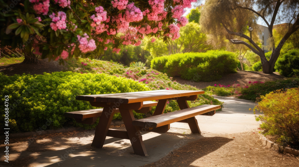 Wooden Table with Benches in Nature