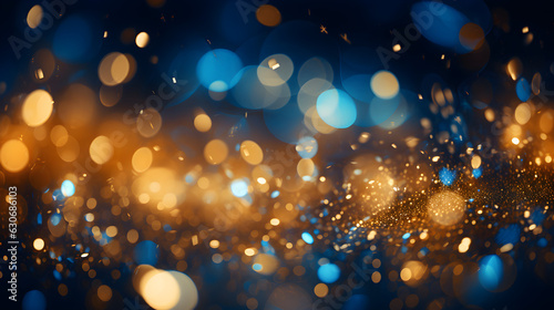 Dance of Gold and Blue Glitter: A Magical Bokeh Background Creating a Harmonious and Ethereal Composition. Generative Ai. 