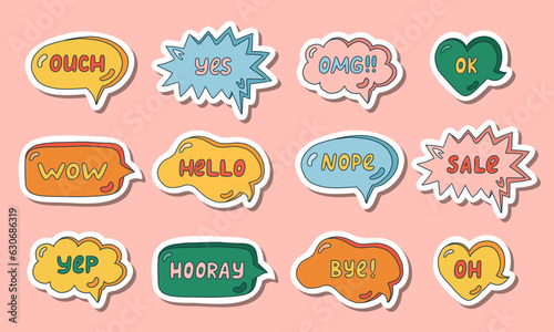Set of stickers with trendy speech bubbles with hand drawn talk phrases in different shapes. Online chat clouds with Ok, Hello, Wow, OMG, Hi and other dialog words. Colorful doodles.