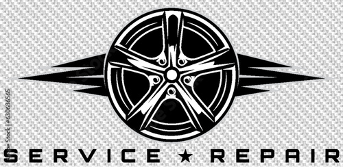 Metal disc for wheel on both sides on a carbon background. Template for design. Vector illustration