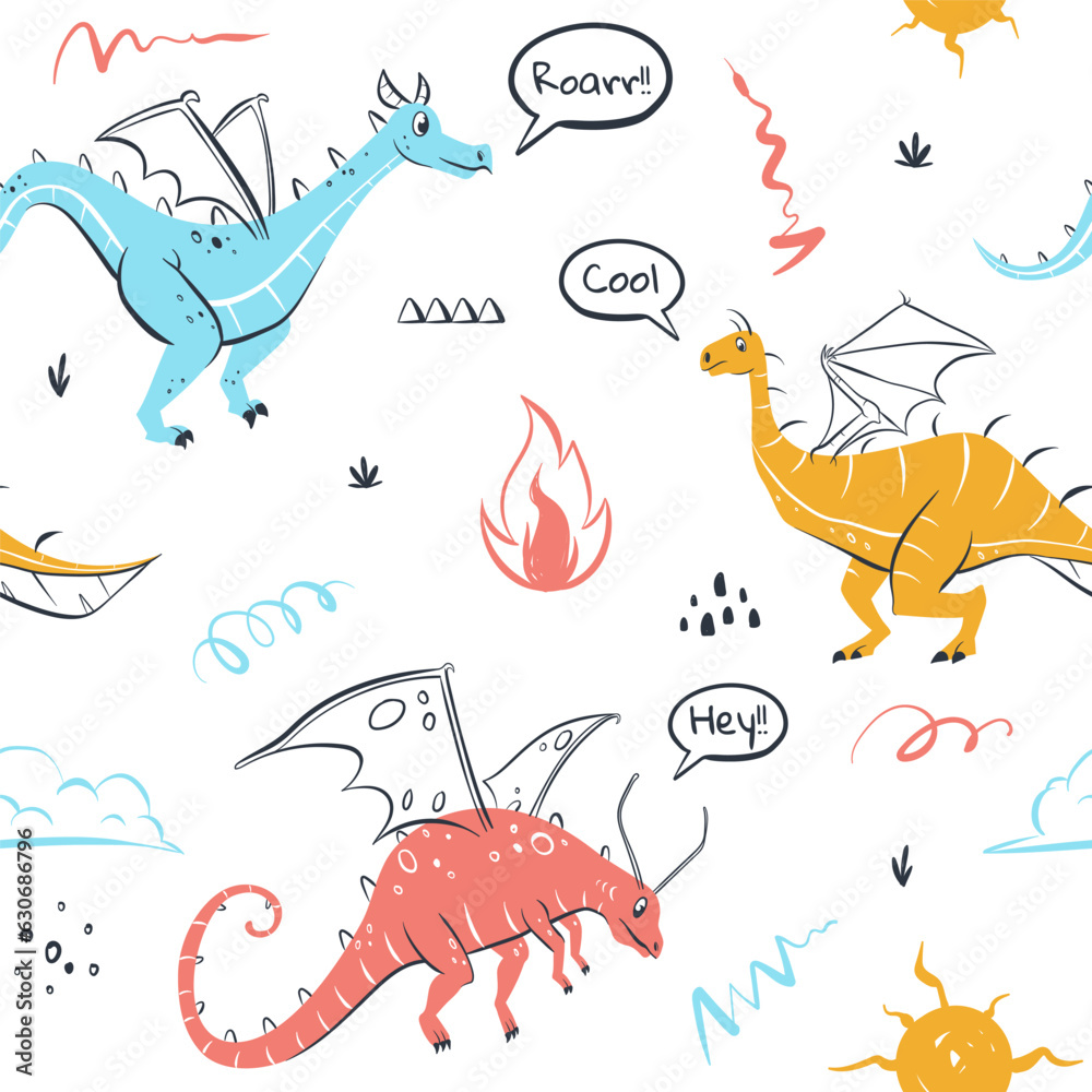 Obraz premium childish dragons' seamless pattern for fashion clothes, fabric, t shirts. hand drawn vector with lettering.