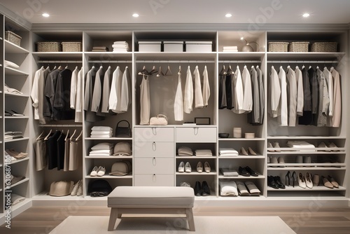 Wallpaper Mural Vintage Chic: A Lavish Walk-In Closet with Custom Cabinetry and Illuminated Display Shelves Showcasing an Exquisite Collection of Fashion. Generated AI Torontodigital.ca