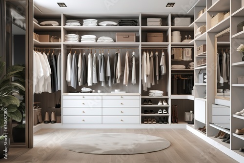 Wallpaper Mural Vintage Chic: A Lavish Walk-In Closet with Custom Cabinetry and Illuminated Display Shelves Showcasing an Exquisite Collection of Fashion. Generated AI Torontodigital.ca