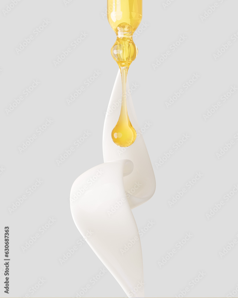 Cosmetic products mix, pipette with oil drop and white cream splash 3d rendering