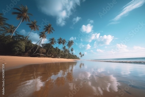 The Beauty of the Beach with Blue Sky and Beautiful Clouds with Coconut Trees in the Morning