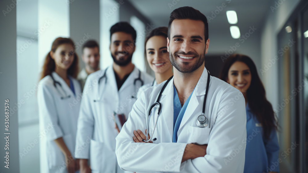Portrait of Smiling Medical Team: Male and Female Doctors in Hospital Uniforms Portrait of Smiling Medical Team: Male and Female Doctors in Hospital Uniforms