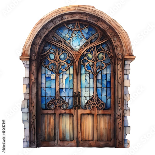 Illustration wooden stained glass door with blue glass watercolor. Generative AI, png image.