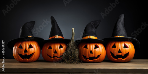 Assortment of Halloween pumpkins with hat