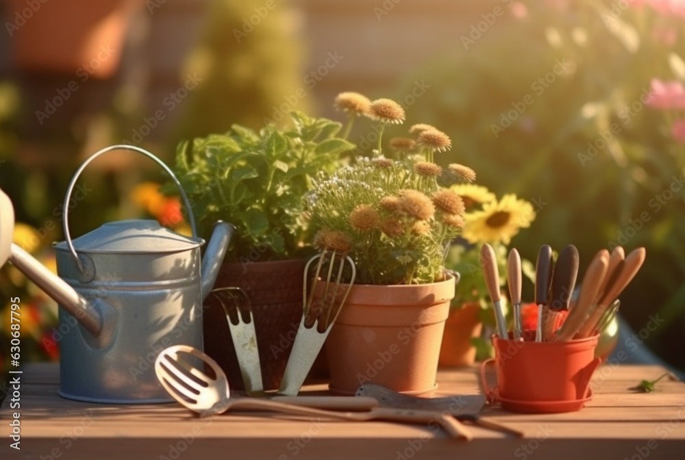 set of gardener tools and flower pots in a sunny garden with sunshine. generative ai