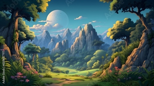 Landschaft mit Bergen und Wald, Illustration im Cartoon-Stil. Generative KI., Stilisiert