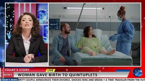 Journalist reporting news about miracle childbirth, presenting newscast about maternity and child delivery. Broadcaster talking about the pain of pregnancy on live tv program. photo