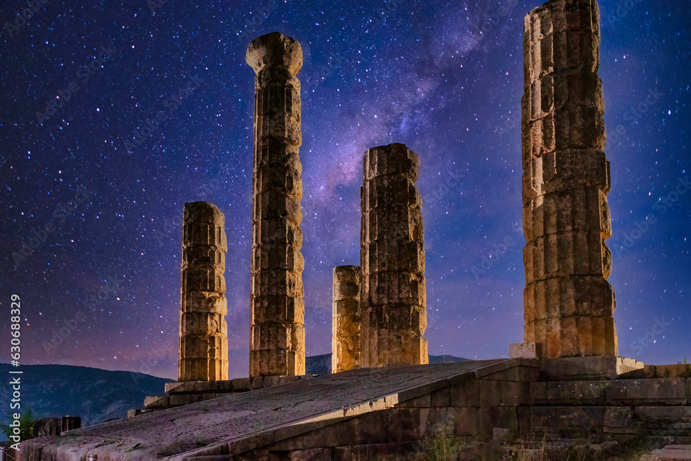 Temple of Apollo at Delphi in Greece against the stars.