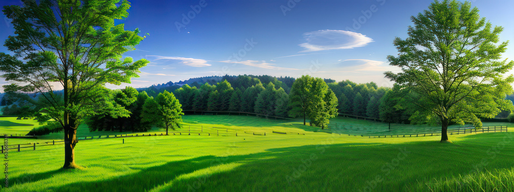 Naklejka premium Beautiful Green Meadow And Trees Landscape Nature View. Wallpaper Nature Background